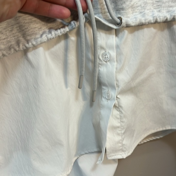 Athleta Hoodie Heather Gray & white Poplin Long Sleeve Tie waist Popover Top - Picture 5 of 12